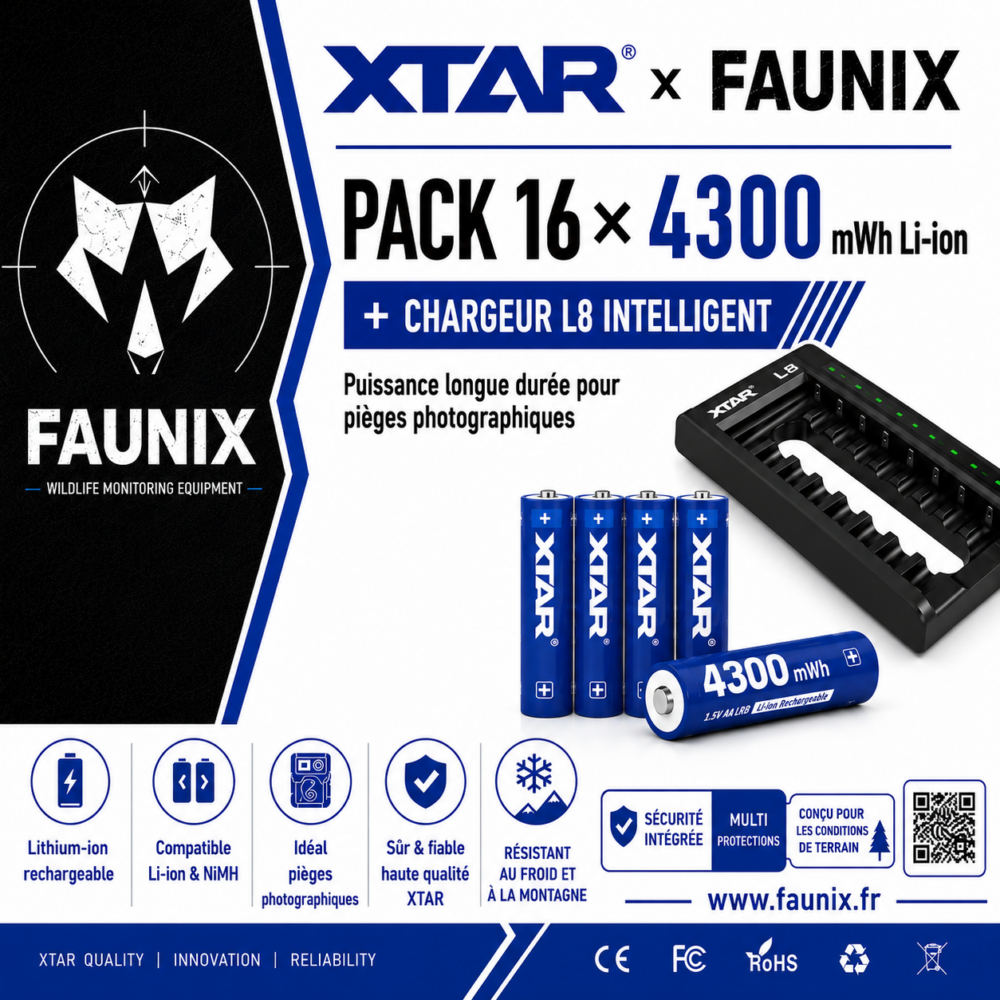 Pack de 16 piles FAUNIX & XTAR 4300 + Chargeur L8